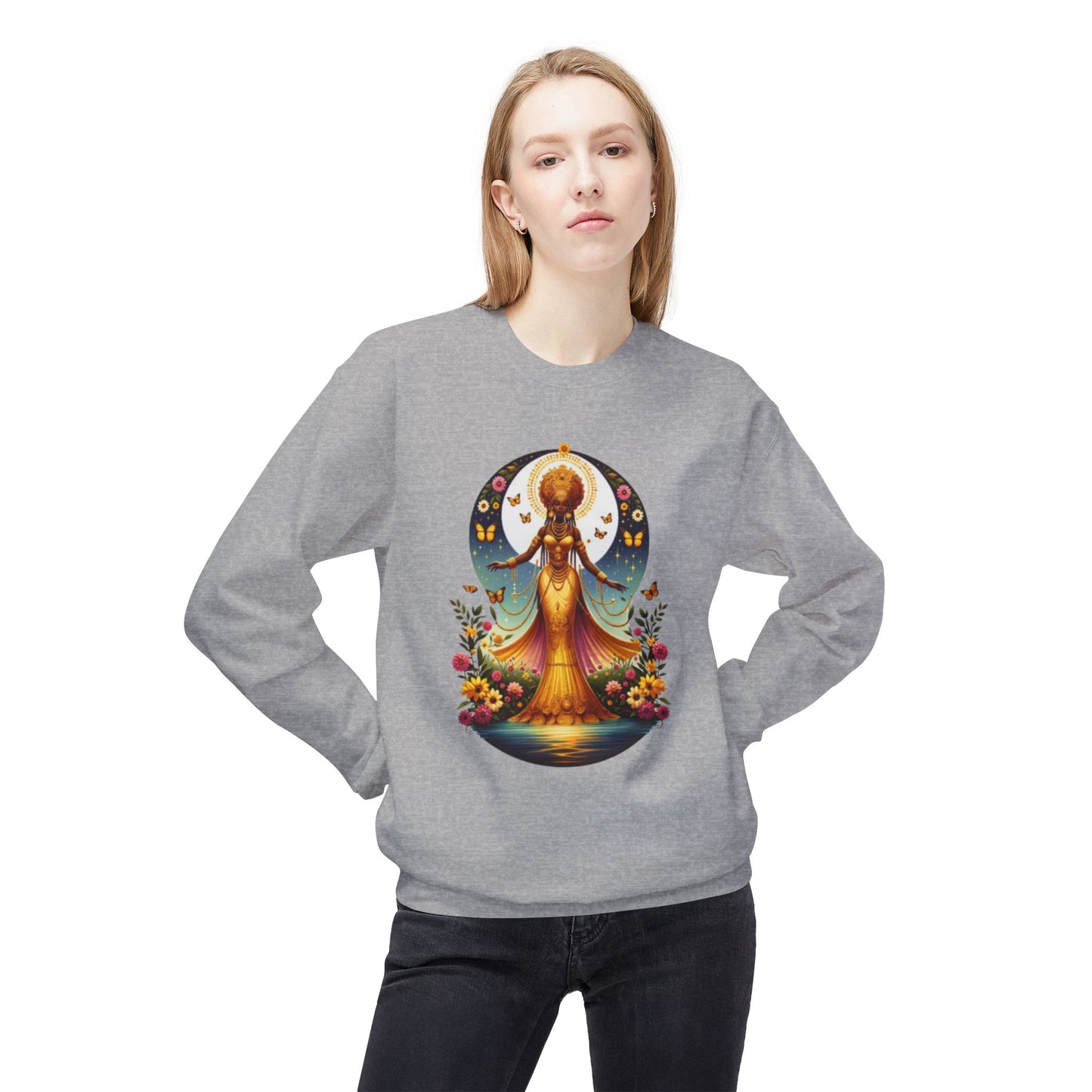 Oshun Goddess-Inspired Softstyle Fleece Sweatshirt - Unisex Midweight Crewneck