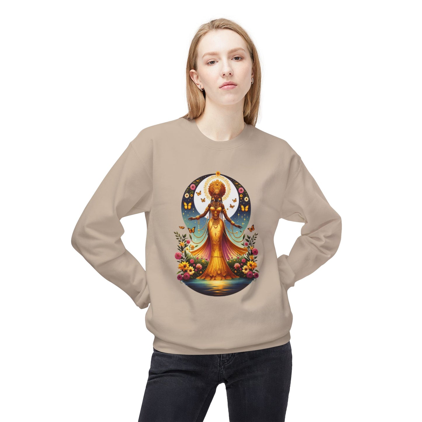 Oshun Goddess-Inspired Softstyle Fleece Sweatshirt - Unisex Midweight Crewneck